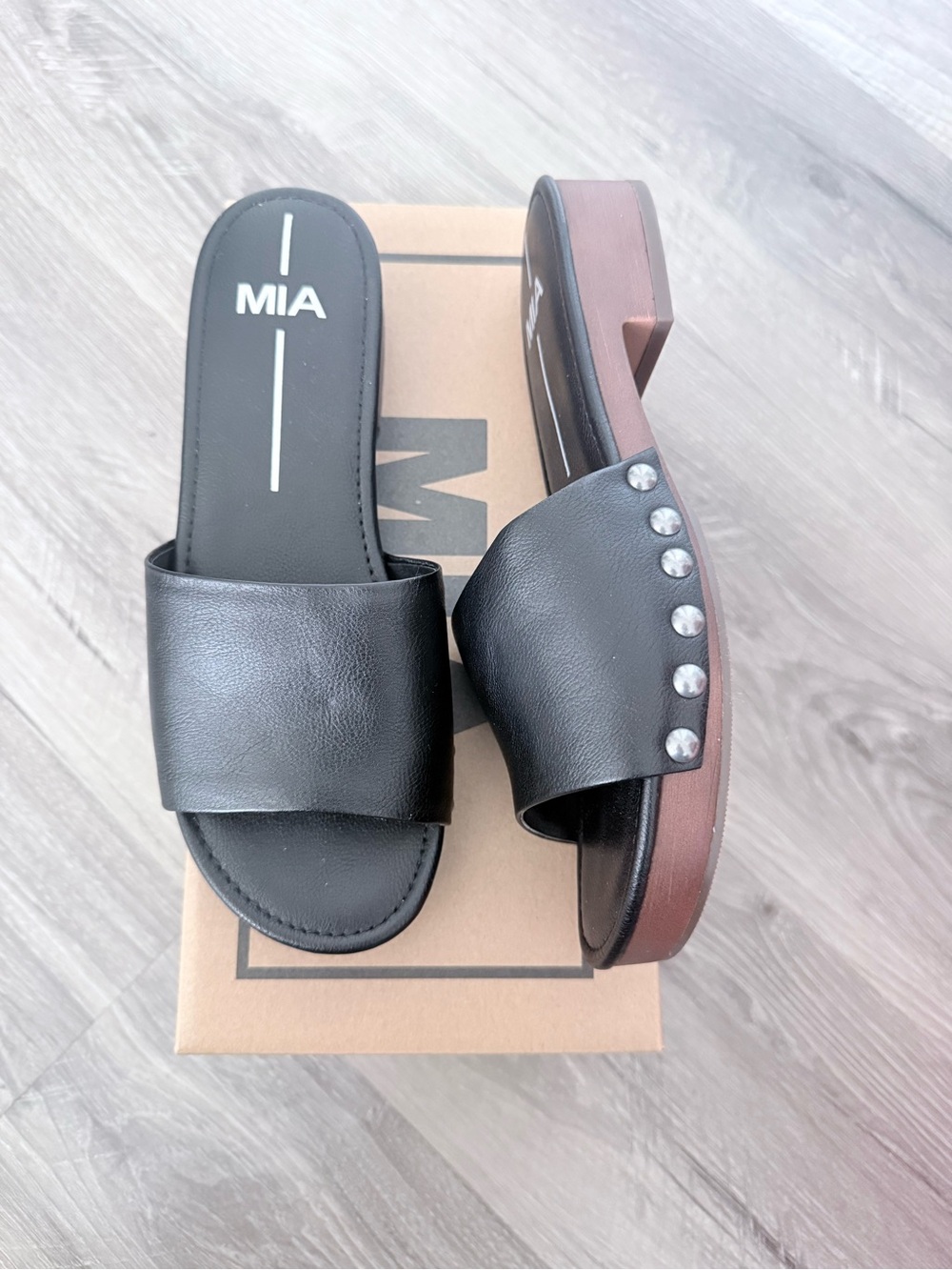 MIA Black Slide Sandals with Silver Stud Accents